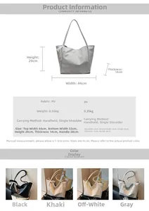 Detailed chart showing PU leather tote bag dimensions and available color options