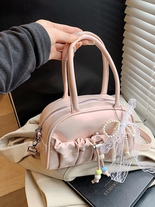 Women Pleated Bow Handbag PU Leather Shoulder Bag With Lace Artificial Pearl Pendant Sweet Pillow Crossbody Bag Fashion Bowling Bag