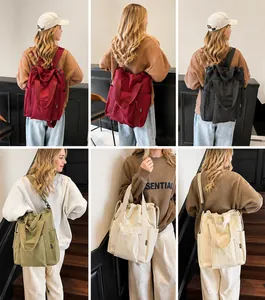 Detailed views of multi-way canvas tote backpack in burgundy, black, green, and beige colors