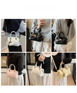 Collage of four stylish Boston bags in white, black, pink, and yellow with heart charms