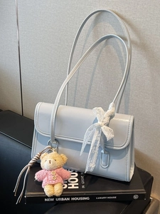 Women Glossy PU Leather Underarm Shoulder Bag With Lace Bow And Teddy Bear Pendant Fashionable Casual Daily Purse