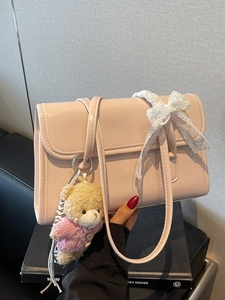 Pink PU leather shoulder bag with lace bow and cute teddy bear charm for women