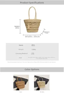 Size chart and details of the bohemian hollow straw woven tote bag for women