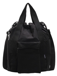 Versatile black waterproof nylon tote bag with drawstring and adjustable straps