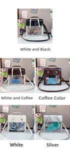 Detail view of square glossy leather handbags with transparent PVC pocket in five colors