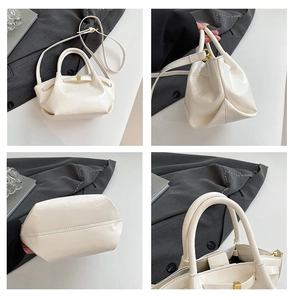 Detailed views of beige patent leather handbag with gold buckle and adjustable strap