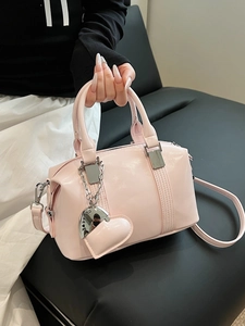 Pink patent leather Boston handbag with heart charm and silver chain for women
