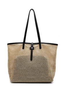 Sac fourre-tout en paille avec anses en cuir noir et boucle pour plage et usage quotidien