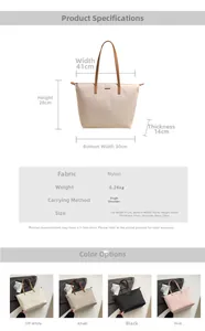 Detailed size chart and multi-color options for the large nylon tote bag with dimensions