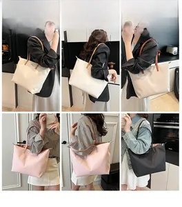 Three colors of nylon tote bags shown in lifestyle scenes for daily commuting use
