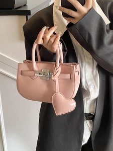 Fashion Women Mini PU Handbag With Heart Pendant Metal Lock Double Handle Chain Crossbody Shoulder Bag For Commuting Daily
