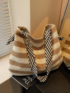 Sac Cabas en Tricot à Rayures pour Femmes Sac à Épaule Tissé Décontracté Avec Bandoulière Nouée Sac de Shopping de Mode