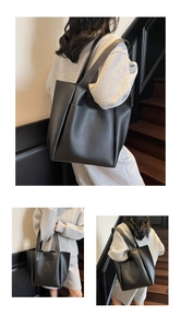 Detailed views of a black large-capacity tote bag styled with modern commuter outfits