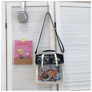 Detail of transparent window on black and white ita bag with manga card insert