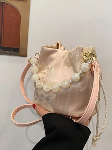 Vintage Butterfly Embroidered Bucket Bag With Beaded Handle Satin Fabric Drawstring Crossbody Bag For Women Chinese Style Purse