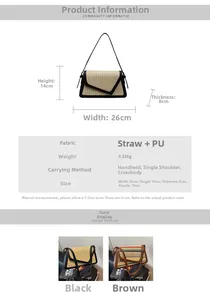 Detailed dimensions of straw woven shoulder bag with contrast PU leather trim