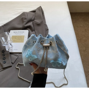 Close-up of light blue bucket bag featuring 3D butterfly appliqués and silver chain strap