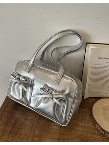 Women Bow Shoulder Bag Retro Shiny PU Leather Handbag With Double Pockets Solid Color Casual Fashion Daily Commute Tote Underarm Bag