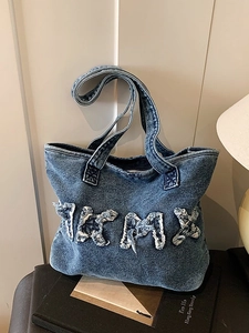 Women Vintage Washed Denim Tote Bag Fringed Letter Patch Shoulder Bag Large Capacity Casual Streetwear Handbag