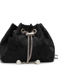 Elegant black drawstring bucket bag with floral embroidery and pearl chain detail