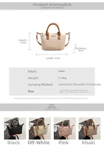 Detailed size chart showing dimensions for the casual crossbody bucket bag with 21cm length