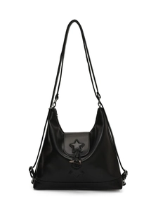 Minimalist black faux leather hobo shoulder bag with star stitching and toggle closure