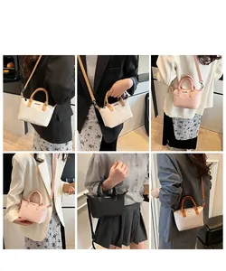 Six different views showing minimalist bucket bag worn as crossbody and handbag styles