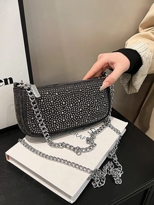 Women Denim Rhinestone Underarm Bag Fashion Sparkly Shoulder Crossbody Bag With Silver Metal Chain Strap Zip Closure Purse