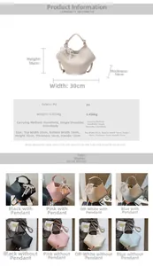Detail view of large PU bucket bag dimensions and color options in four soft shades