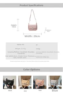 Size chart and dimensions for the PU leather crossbody bag showing four color options