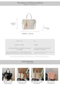 Detailed chart showing PU leather tote bag dimensions and four available color options