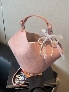 Secchiello da Donna in Pelle PU a Grana di Ciottoli Elegante con Fiocco di Pizzo e Künstliche Perle Borsa a Tracolla di Moda per Pendolari