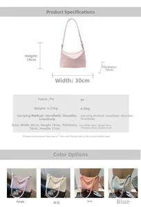Tableau détaillé montrant les dimensions du sac en similicuir et ses quatre coloris