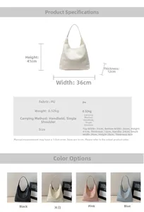 Detailed size chart and specifications for the large PU leather tote bag with four colors