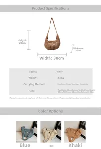 Detailed size specifications and material chart for hollow crochet knit shoulder bags