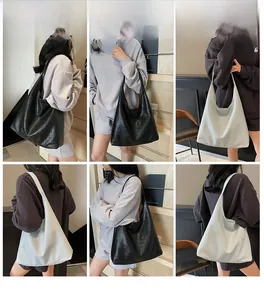 Collage showing a large woven leather hobo shoulder bag styled in black and off-white colors