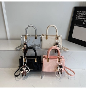 Mini square handbags with woven handles and pearl doll charms in four elegant colors