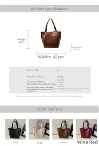 Detailed size specifications and color variants for the large capacity leather tote bag