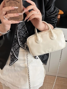 Women Fashion PU Leather Boston Bag Glossy Bowling Handbag With Metal Chain Shoulder Strap Small Crossbody Bag For Daily