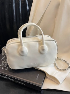 Chic white leather bowling bag with CLEAR K logo and elegant silver chain strap