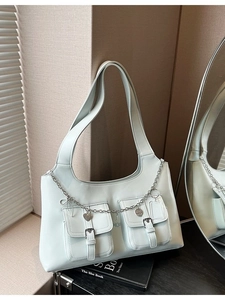 Light blue faux leather multi-pocket tote bag with stylish silver chain and heart charms