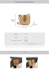 Detailed size specifications and material chart for woven straw bucket shoulder bag