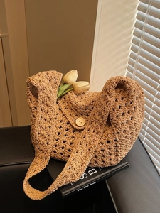 Women Casual Knitted Hollow Crochet Crossbody Bag Handmade Lazy Style Hobo Dumpling Bag Wood Button Beach Vacation Bag