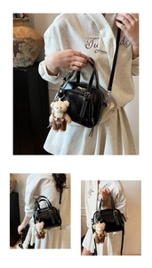 Detailed views of black patent leather shell bag with cute bear charm and strap options