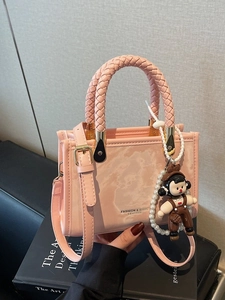 Pink marble texture handbag with braided handle and pearl chain strap for women