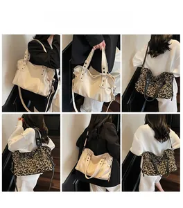 Detailed views of high-capacity tote bag in solid cream and leopard print with strap details