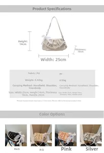 Detail specifications of pleated PU handbag featuring pearl chain and lace bow decorations