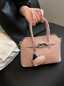 Borsa a Mano Minimalista in Pelle PU con Motivo a Litchi Stile Coreano Con Ciondolo a Cuore Serratura in Metallo Argentato