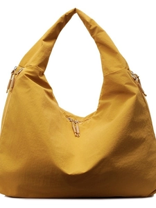 Large ginger yellow crescent canvas tote bag with multiple practical zipper pockets
