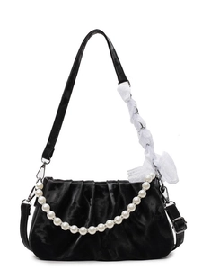 Fashionable black ruched cloud bag with pearl chain and white lace bow detail